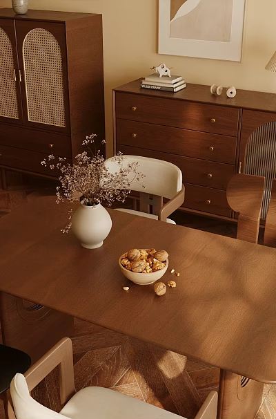 Warm Modern Dining Room Interior With Wooden Table Chairs White Vase Cabinet And Herringbone Floor 3d model