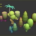 3D Modeled Green Plants With Various Shapes Including Palm Tree And Trunks On Dark Background