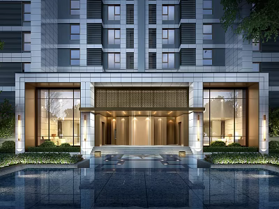 Elegant Modern Main Entrance Gate With Glass Doors Water Pool And Green Plants 3d model