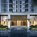 Elegant Modern Main Entrance Gate With Glass Doors Water Pool And Green Plants