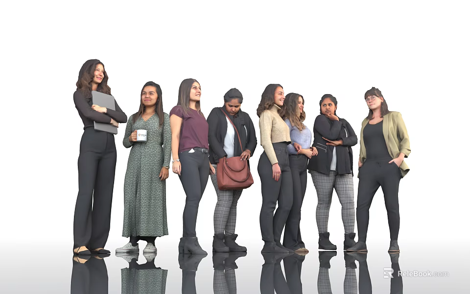 Group of Women Standing Together in Different Fashion Styles Against White Background with Reflections 3d model 