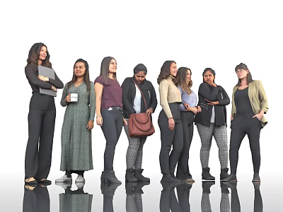 Group of Women Standing Together in Different Fashion Styles Against White Background with Reflections 3d model