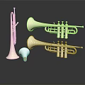 Three Silver Trumpets with Mouthpiece and Cork on Shiny Black Surface with Reflections