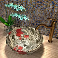 Marble Wash Basin With Red Maple Pattern Gold Faucet And Green Orchids On Mosaic Wall