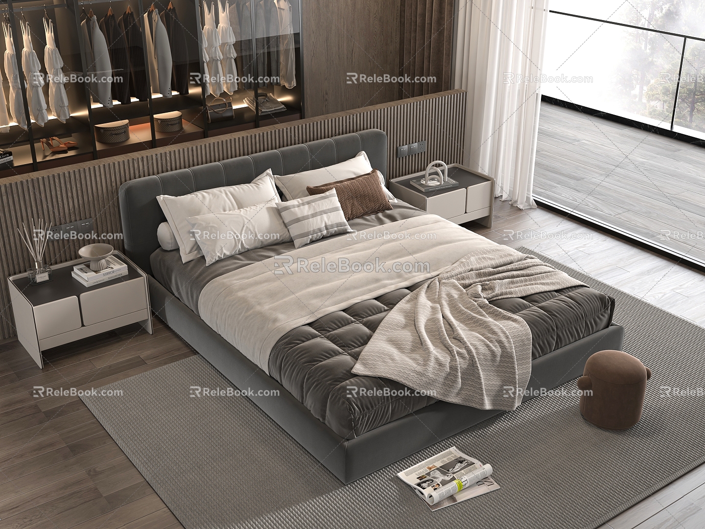 Minotti Double Bed Bedroom Cloakroom Nightstand 3d model