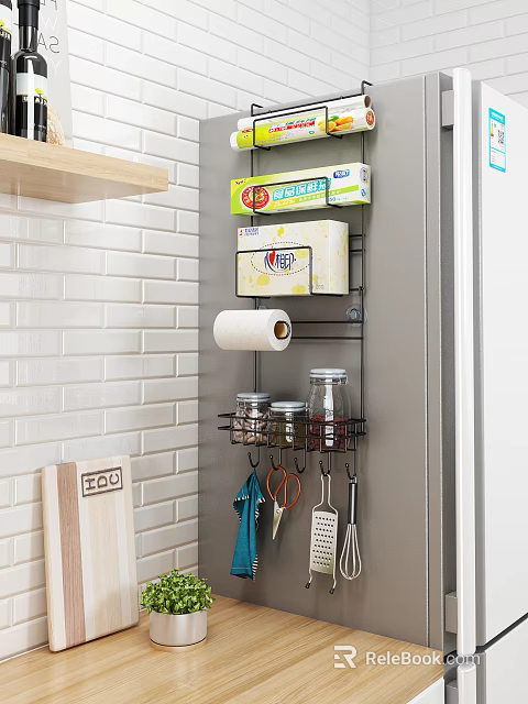 Modern Kitchen Wall Mounted Rack with Paper Towels Jars and Hanging Utensils 3d model 