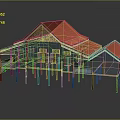 Traditional Wooden House Elevated on Stilts With Red Roof Blue Walls And Yellow Decorations