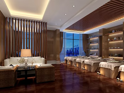 Luxurious SPA Sauna Interior Design with Wooden Ceiling Large Windows and Massage Beds 3d model