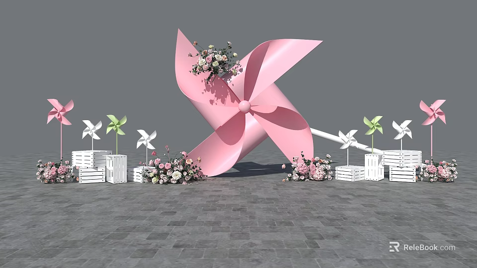 Large Pink Pinwheel Decoration With Small Pinwheels Flowers And White Crates 3d model 