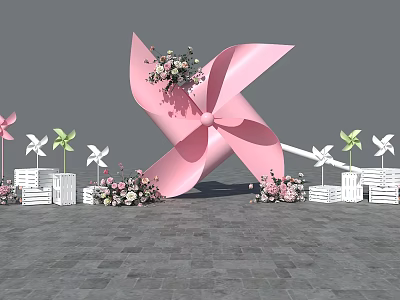 Large Pink Pinwheel Decoration With Small Pinwheels Flowers And White Crates 3d model