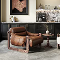 Brown Leather And Beige Armchairs With Wooden Armrests In Room With Wall Painting Dark Cabinets
