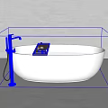 Elegant White Freestanding Bathtub With Modern Faucet And Water Inside On Minimalist Background
