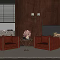 Red Velvet Armchairs with Small Coffee Table and Flower Vase in Wooden Wall Living Room