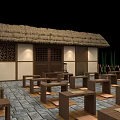 Traditional Chinese Thatched House Courtyard with Bamboo Fences Stone Path Wooden Doors and Windows