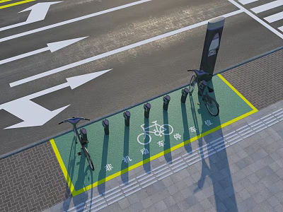 Well Organized Road Facilities With Bicycle Parking Bollards Yellow Markings And Directional Arrows 3d model
