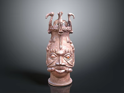 Ancient Bronze Head Sculpture With Intricate Facial Details And Avian Motifs 3d model
