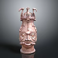 Ancient Bronze Head Sculpture With Intricate Facial Details And Avian Motifs