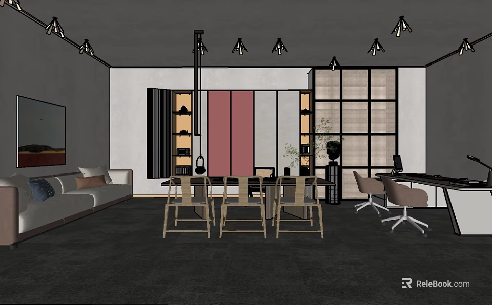 Modern Office Interior Design With Sofa Meeting Table Office Chairs And Pendant Lights 3d model 