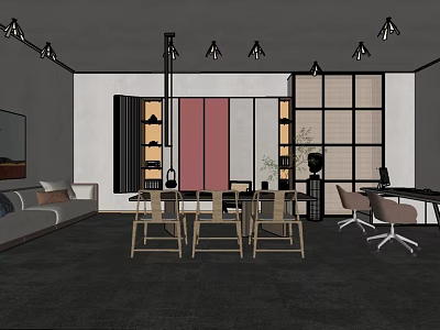 Modern Office Interior Design With Sofa Meeting Table Office Chairs And Pendant Lights 3d model