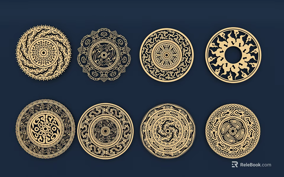 Golden Circular Wall Decor with Intricate Patterns on Dark Blue Background 3d model