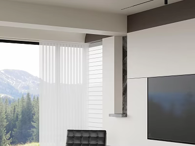 Modern Living Dining Room Interior With Floor to Ceiling Windows White Curtains And Mountain View 3d model