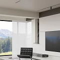 Modern Living Dining Room Interior With Floor to Ceiling Windows White Curtains And Mountain View
