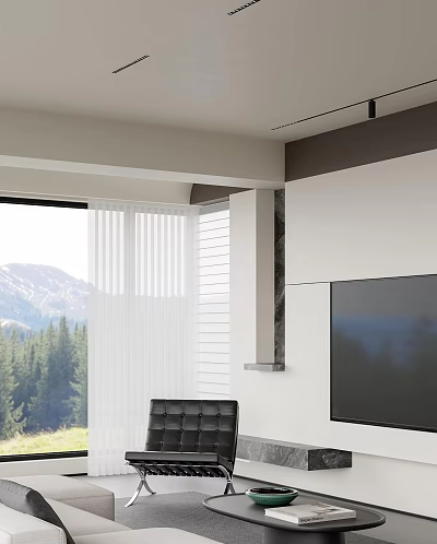 Modern Living Dining Room Interior With Floor to Ceiling Windows White Curtains And Mountain View 3d model