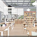 Modern Reading Room Interior With Wooden Bookshelves Tables Chairs And City View Windows