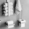 Luxury Bath Towels On Bathroom Shelves With Folded Towels Hanging Hooks And Toiletries