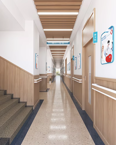 Clean Hospital Elevator Hallway With Wooden Walls Handrails Posters Signage And Natural Light 3d model