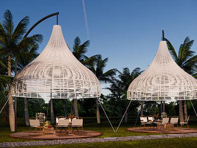 White Woven Outdoor Tents Surrounded By Palm Trees With Seating Areas 3d model