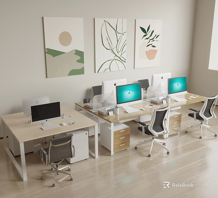 Modern Office Desks With Green Screen Monitors Ergonomic Chairs And Decorative Wall Art 3d model 