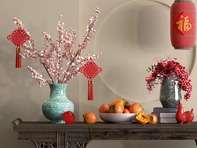 Chinese Style Vase with Pink Blossom Branches Red Knots Fu Lantern and Persimmons on Table 3d model