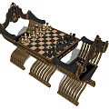 Classic Chess Board Game Setup With Wooden Chairs And Pieces