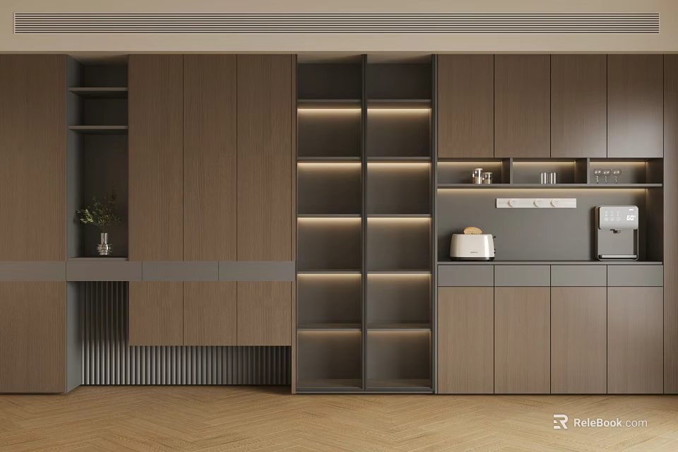 Modern Wood Decorative Cabinet Interior Design With Open Shelves And LED Strip Lights 3d model 