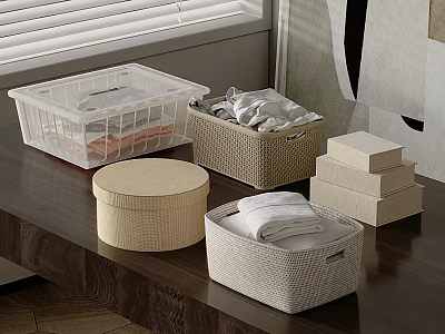 Woven and Transparent Storage Baskets with Lids Holding Clothes and Underwear on Bedroom Table 3d model