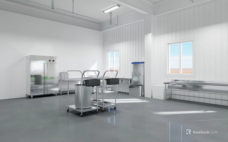 Clean Laboratory Space With White Walls Stainless Steel Carts Equipment And Sinks 3d model 