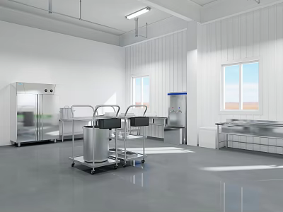 Clean Laboratory Space With White Walls Stainless Steel Carts Equipment And Sinks 3d model