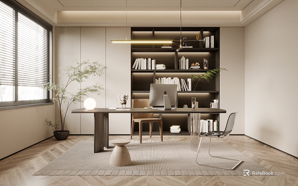 Minimalist Study Room Interior with Bookshelves Computer Desk Chair Rug and Natural Light Plants 3d model 