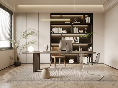 Minimalist Study Room Interior with Bookshelves Computer Desk Chair Rug and Natural Light Plants 3d model