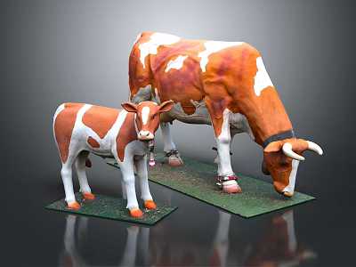 Brown And White Adult Cow With Calf Standing On Green Base Against Gray Background 3d model