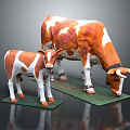 Brown And White Adult Cow With Calf Standing On Green Base Against Gray Background