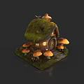 Cartoon Fairy Cottage Scene With Green Mossy Roof And Orange Mushrooms