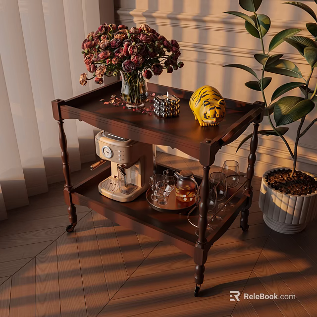 Classic Two Tiered Wooden Side Table With Floral Vase Yellow Figurine Coffee Machine And Glassware 3d model 