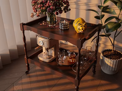 Classic Two Tiered Wooden Side Table With Floral Vase Yellow Figurine Coffee Machine And Glassware 3d model