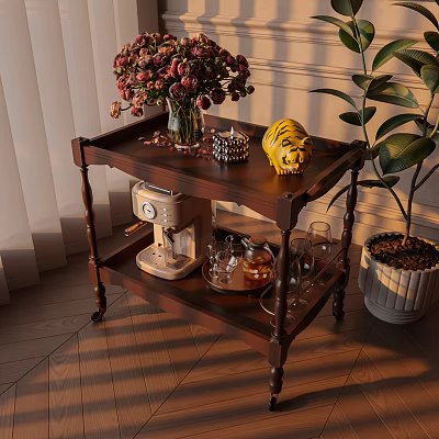 Classic Two Tiered Wooden Side Table With Floral Vase Yellow Figurine Coffee Machine And Glassware 3d model