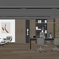 Modern Office Interior With Wooden Elements Desk Chairs Bookshelf Plant Artwork And Pendant Lights