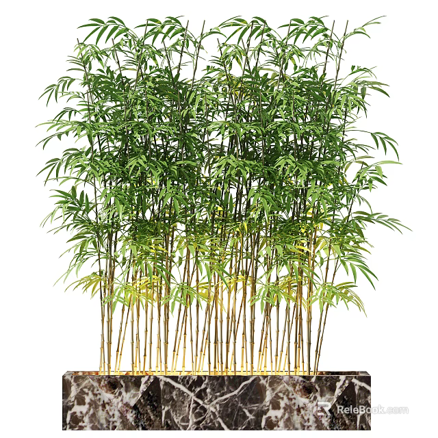 Clustered Bamboo Bonsai Plant With Green Leaves And Tall Stems In Decorative Planter 3d model 