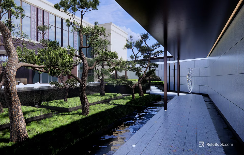 Serene Courtyard Garden Design With Pine Trees Stone Pathway And Water Feature 3d model 
