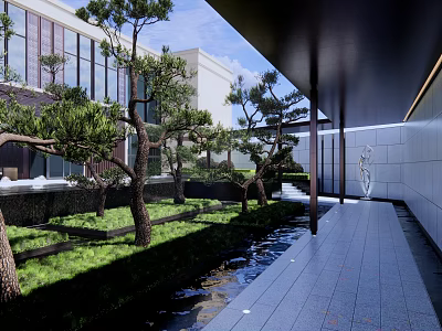 Serene Courtyard Garden Design With Pine Trees Stone Pathway And Water Feature 3d model